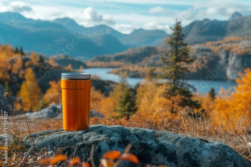 Orange travel mug on a hike with mountains view. Ai generative