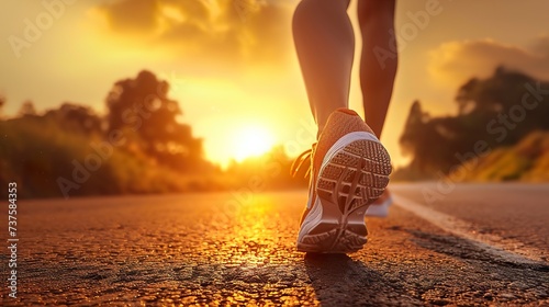 Runner feet running on road closeup on shoe. woman fitness sunrise jog workout wellness concept. Ai generative
