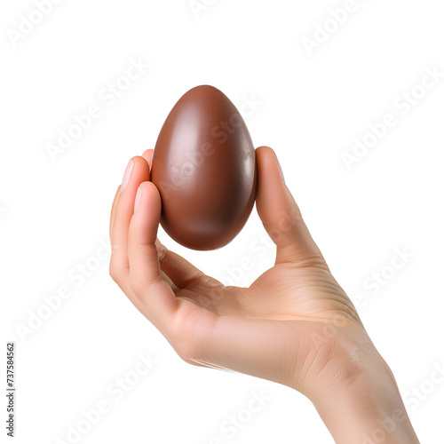 A happy Easter with a woman’s hand holding a chocolate egg, Isolated on Transparent Background, PNG