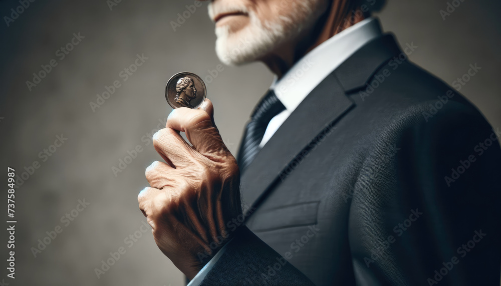 Naklejka premium Elderly professional examining coin with focused attention side view
