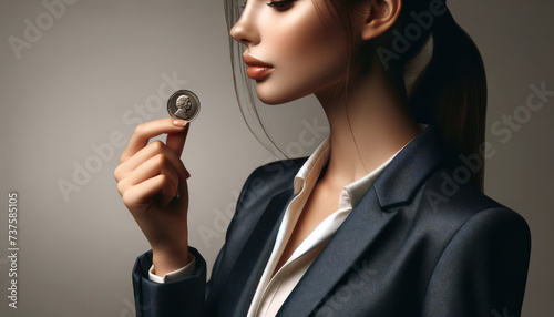 Businesswoman holding coin detailed side perspective