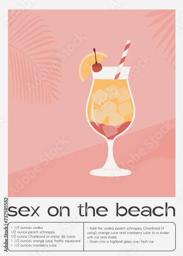 Sex On The Beach Tropical Cocktail garnished with orange and cherry. Classic alcoholic beverage recipe wall art print. Summer aperitif poster. Minimalist alcoholic drink placard. Vector illustration.