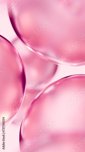Pink cosmetic serum liquid bubbles macro close-up background. Concept moisturizer essence gel and collagen fluid bubble molecules. Glossy oil droplets 3D illustration product demo backdrop wallpaper.