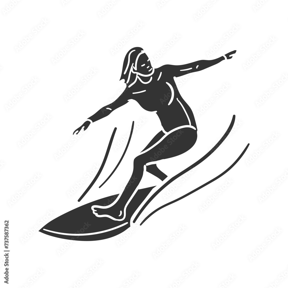 Surf Girl Icon Silhouette Illustration. Surfing Vector Graphic Pictogram Symbol Clip Art. Doodle Sketch Black Sign.
