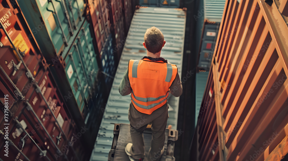 Photo of a dockworker loading a container onto a ship, with a bright orange safety vest and a sense of determination. Photo of a dockworker loading a container onto a ship, with a bright orange safety vest and a sense of determination.