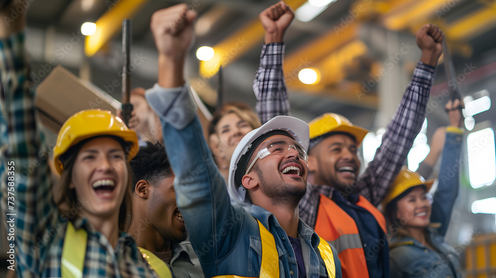 Obraz premium A photo of a group of workers celebrating the successful completion of a project, with a sense of accomplishment and camaraderie.