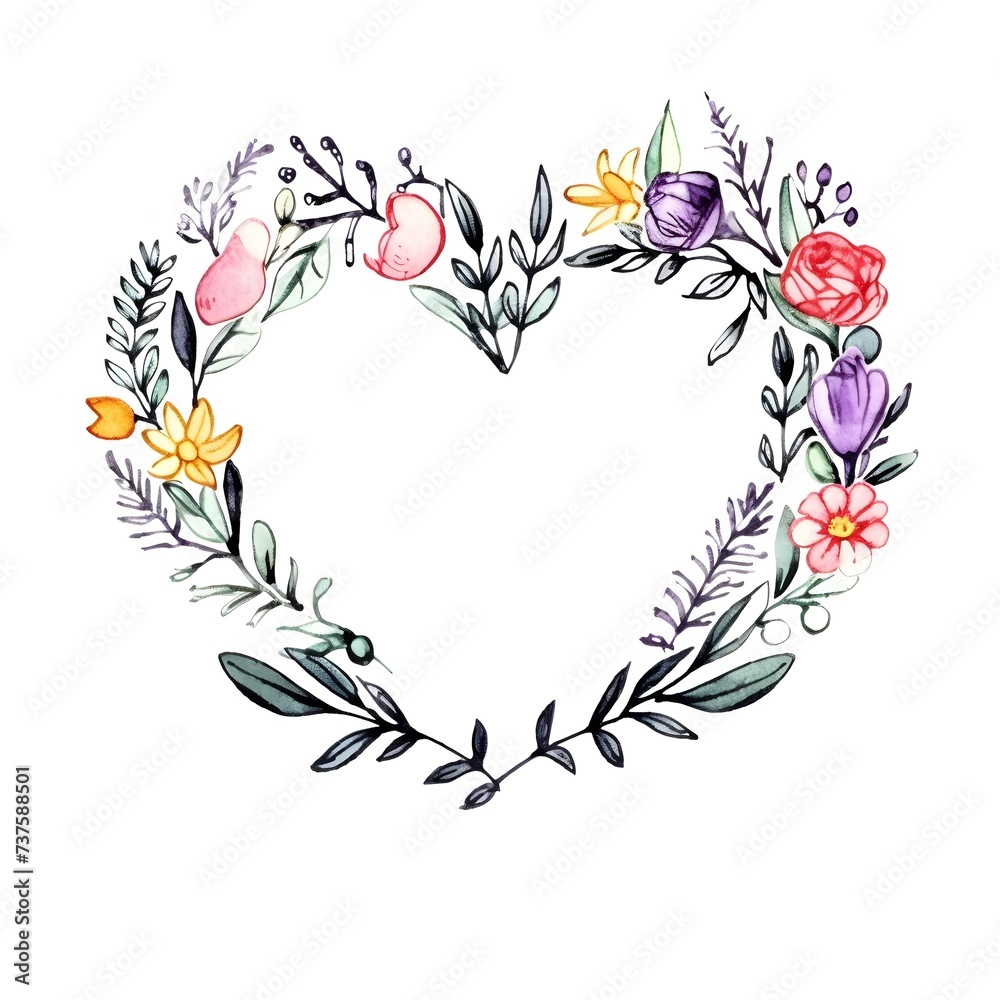 A colorful heart wreath made up of different vibrant spring flowers, watercolor clipart on white background, blank center, cute and adorable painting, tender, highly detailed, clipart