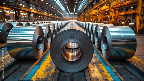 Rolls of galvanized steel sheet inside the factory or warehouse. Ai generative