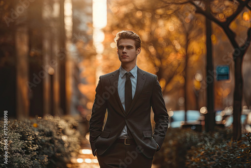 joven profesional emprendedor con traje moderno caminando por el distrito financiero