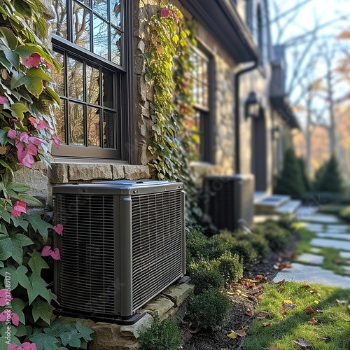 Heat pump installed in a single-family house. Generative Ai © dreamer82