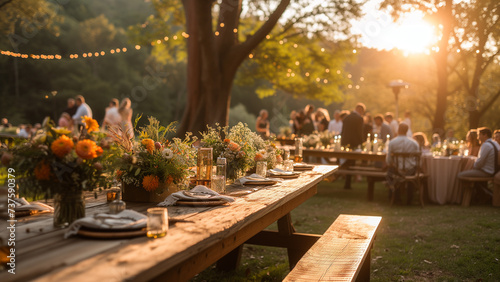 Guests mingle at an outdoor wedding reception, with rustic tables set in warm sunset light, adorned with fresh flowers and festive string lights. photo