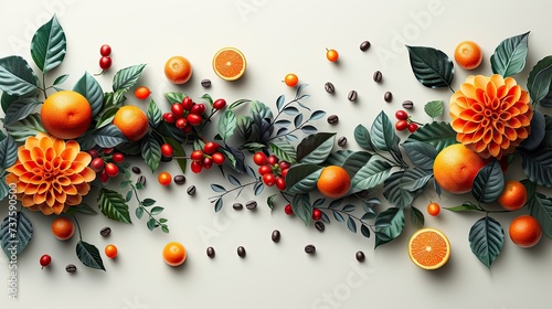 one-layer flat design, the design should be bright and professional, conveying an organic and high-end brand image. Include abstract coffee-related imagery and the brand logo with a concise descriptio photo