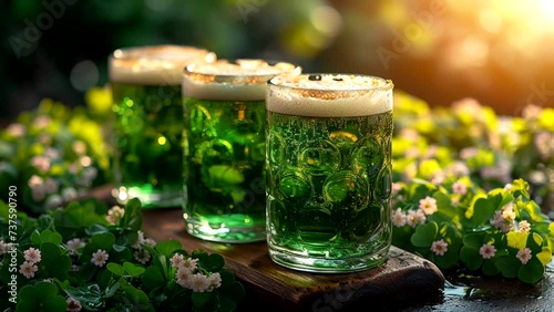Green beer for St. Patrick's Day. Animated lights and background. Loop 18 seconds video. Ai generative photo