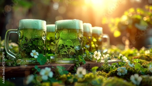Green beer for St. Patrick's Day. Animated lights and background. Loop 18 seconds video. Ai generative photo