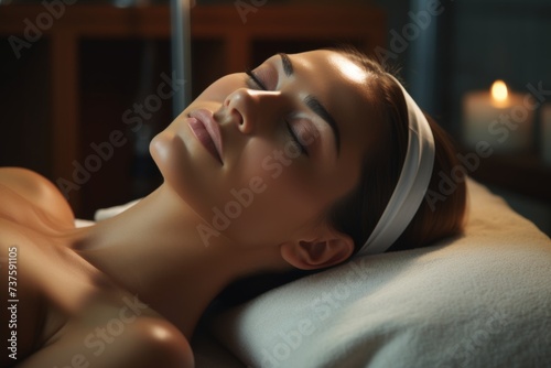 Young woman with closed eyes relaxes after a facial massage in an aesthetic medicine clinic