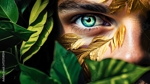 Red-haired teen with a dazzling blue eye, golden glitter mask, hidden in leaves.