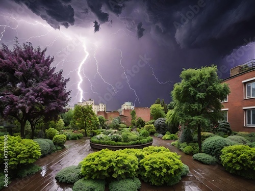 Serene residential garden during a thunderstorm. The sky is dark and stormy, filled with dramatic clouds and bright lightning bolts.