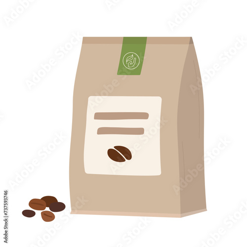 Pack of organic coffee beans. Sustainable, brown paper bag packaging. Flat vector illustration isolated on white background.