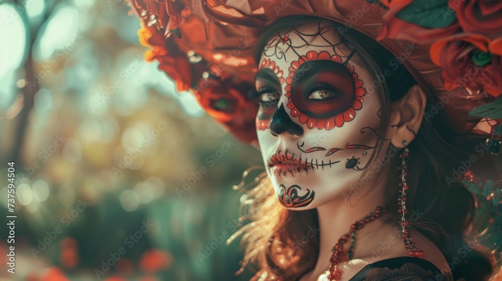 mexican woman with decorated day of the dead face with hat on the street at a festival in high resolution mexican woman with decorated day of the dead face with hat on the street at a festival in high resolution