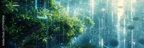 Futuristic digital binary code intertwined with natural green plants concept. Background for technological processes  science  presentations  education  etc