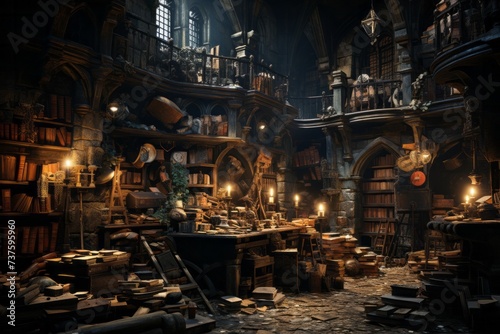 A dark room in the city building, filled with books and candles