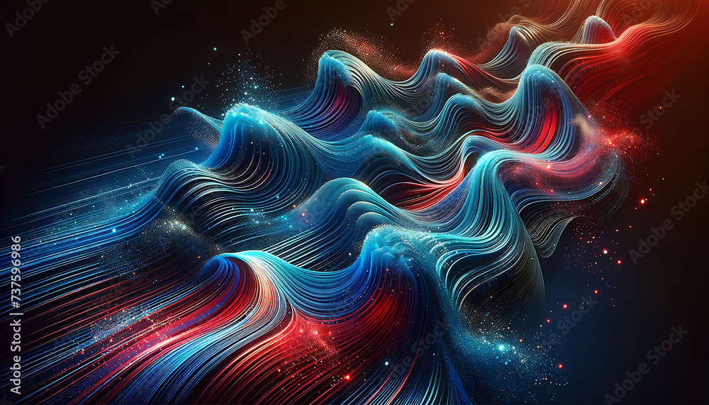 Obraz premium Abstract Digital Landscape of Glowing Blue and Red Waves with Particle Effects