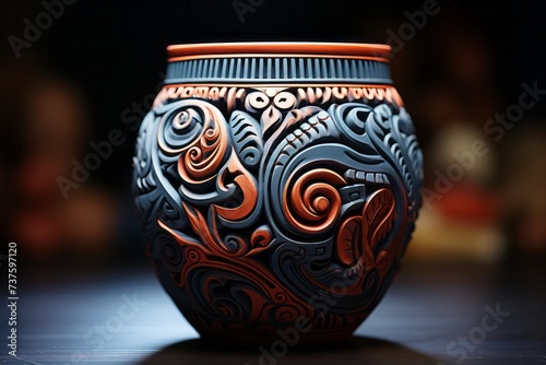 a close up of a vase with a pattern on it on a table