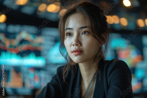 An Asian Chinese businesswoman sits at a table in front of a monitor, actively sharing stock market information.