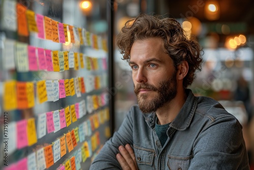 A man stands in front of a wall covered in sticky notes, showcasing the use of AI-driven whiteboards to convert notes into tasks.