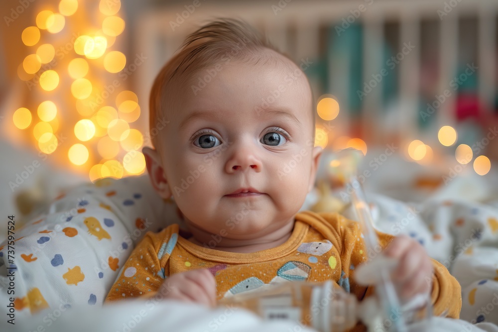 A baby is seated in a crib while a Christmas tree serves as a backdrop. A baby is seated in a crib while a Christmas tree serves as a backdrop.