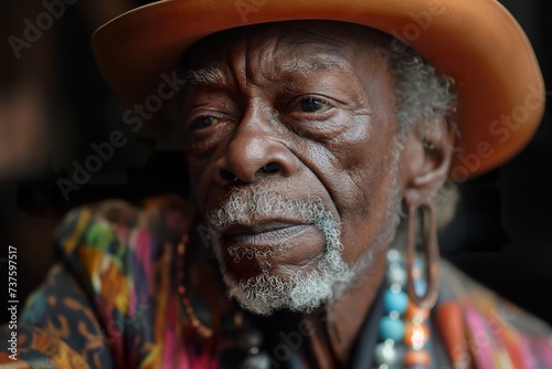 An elderly man, adorned with a hat and earrings, captured in a candid moment.