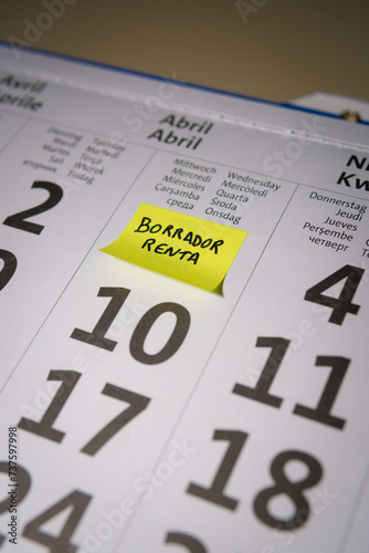 Calendar pointing at April 3rd 2024, Tax Day in Spain for 2023 earnings. First date to do draft for Declaracion de la Renta, or online income statement. High quality photo