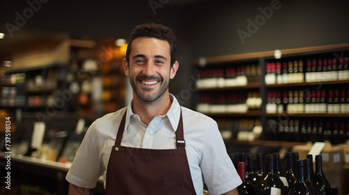 Young caucasian cavist dressed in white shirt and bowtie working in big vine shop presenting bottle of red wine to customer photo