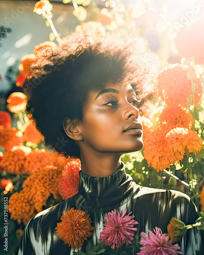 Exotic beauty: African woman, vibrant sweater, surrounded by red flowers.