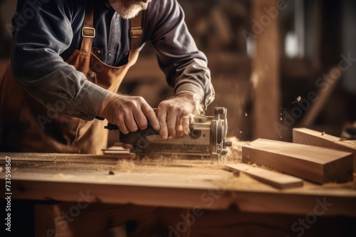 Carpenter doing wood work using classic old machine plane tools in a workshop.