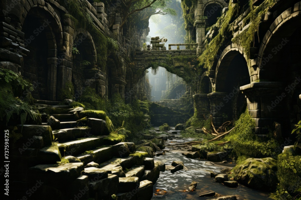 Water flows through the ancient structure ruins in a dark jungle landscape
