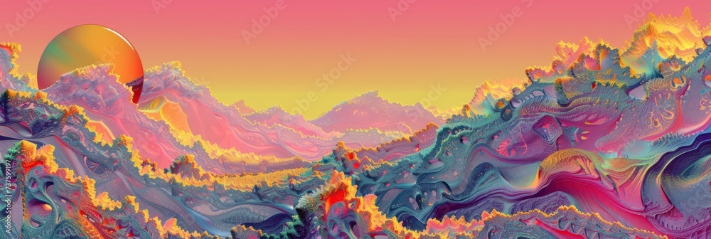 Colorful fantasy landscape with whimsical nature patterns. Background for technological processes, science, presentations, education, etc
