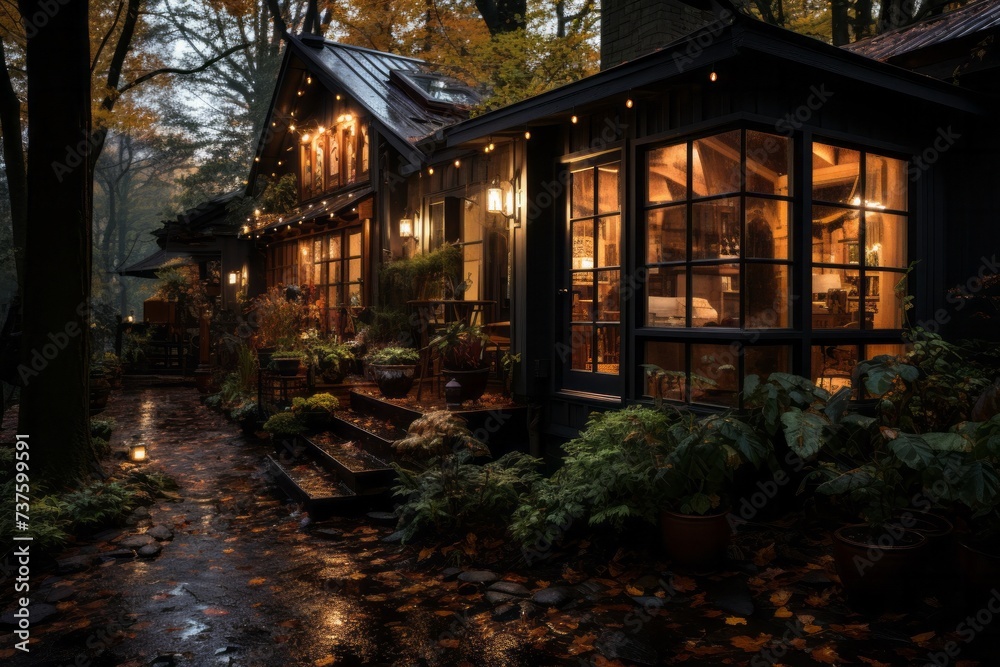 A cottage in the forest glows with light during the night