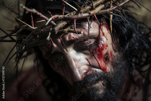 Emotive portrayal capturing the pain and sacrifice in Jesus' eyes as he wears a crown of thorns