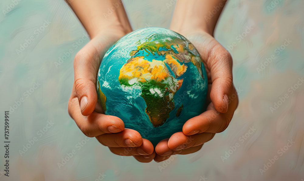 Two hands holding the earth in front of lush green plants Two hands holding the earth in front of lush green plants