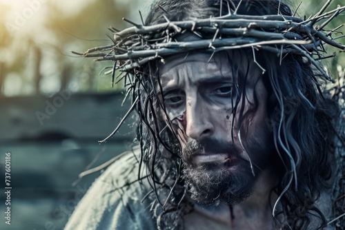 Moving portrayal of Jesus Christ wearing a crown of thorns, expressing a profound sense of sacrifice and humility