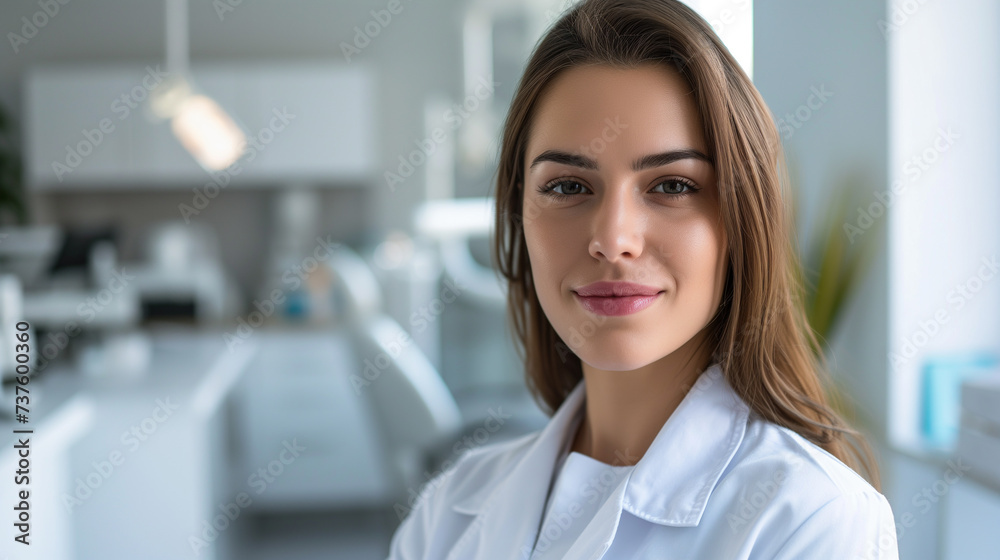 Portrait of a young female dentist at the dentist's office