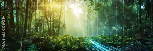 Futuristic digital forest concept with green technology and ecology network. Background for technological processes  science  presentations  education  etc