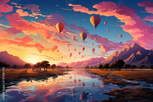 a painting of hot air balloons flying over a river at sunset © 昱辰 董