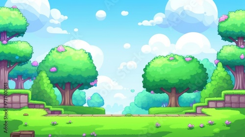 cartoon illustration of a lush green landscape with trees  grass  and flowers under a bright blue sky with fluffy clouds.