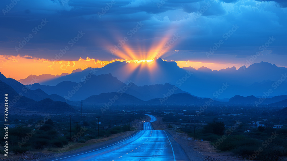 shinning sunrays, road near some mountains, in the style of sunrays shine upon it,