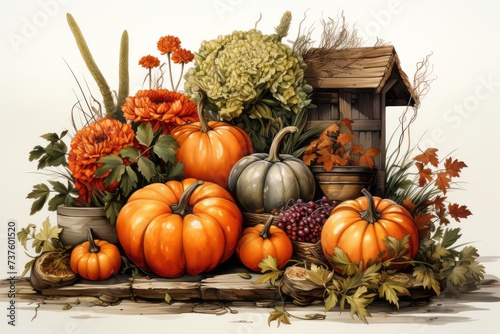 there are many pumpkins and flowers in this painting