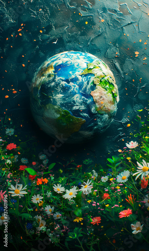 Globe and flowers Save the planet concept earth day