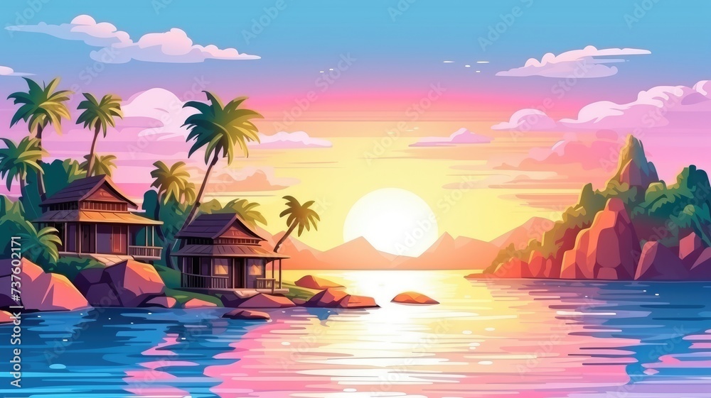 cartoon tropical sunset with sky and reflecting on the calm waters, surrounded by palm trees and cozy huts nestled among rocks.