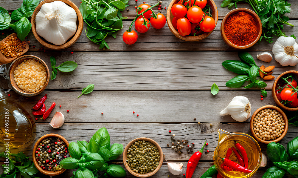 Fresh vegetables and spices on gray background. Top view, copy space Fresh vegetables and spices on gray background. Top view, copy space